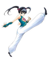 Rule 34 | 1girl, black hair, chunsoft, claw (weapon), dragon quest, dragon quest iii, enix, fighter (dq3), fingerless gloves, flying-u, gloves, simple background, solo, split, twintails, weapon