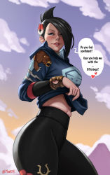 Rule 34 | 1girl, black hair, black pants, blue eyes, blue jacket, blush, character print, clothes lift, cloud, commentary, creatures (company), english commentary, english text, eyelashes, game freak, gen 2 pokemon, hair ornament, hair over one eye, high-waist pants, highres, hood, hooded jacket, jacket, jacket lift, lifted by self, lipstick, mai (pokemon), makeup, mole, mole under mouth, mootium, navel, nintendo, outdoors, pants, parted lips, pokemon, pokemon (creature), pokemon legends: arceus, signature, sky, smile, solo, speech bubble, stantler, ursaring