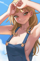 Rule 34 | 1girl, absurdres, armpits, arms up, bags under eyes, blonde hair, blue overalls, blue sky, boku no hero academia, breasts, closed mouth, cloud, collarbone, commentary, day, highres, lentiyay, long hair, looking to the side, medium breasts, naked overalls, outdoors, overalls, portrait, shading eyes, sky, smile, solo, sweat, symbol-only commentary, toga himiko, yellow eyes