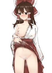 Rule 34 | 1girl, :/, absurdres, alternate costume, arm at side, armpit crease, blush, bow, breasts, brown eyes, brown hair, closed mouth, clothes down, clothes lift, collarbone, covered erect nipples, cowboy shot, embarrassed, flashing, foreshortening, frilled bow, frilled hair tubes, frills, full-face blush, furrowed brow, groin, hair between eyes, hair bow, hair tubes, hakama, hakama lift, hakama skirt, hakurei reimu, hand up, highres, huangyou, japanese clothes, kimono, large bow, large breasts, lifted by self, long hair, long sleeves, looking away, looking to the side, maebari, miko, navel, no bra, no panties, off shoulder, ofuda, ofuda on nipples, ofuda on pussy, one breast out, pasties, red bow, red hakama, ribbon-trimmed sleeves, ribbon trim, see-through, simple background, skirt, sleeves past fingers, sleeves past wrists, solo, standing, steam, steaming body, stomach, sweat, touhou, white background, white kimono, wide sleeves