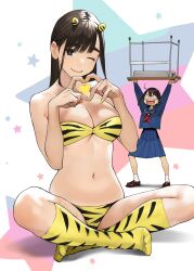 Rule 34 | 2girls, ;3, animal print, bikini, blue sailor collar, blue skirt, boots, breasts, brown eyes, brown footwear, brown hair, cleavage, closed mouth, commentary, cosplay, douki-chan (douki-chan), fingernails, ganbare douki-chan, heart, heart-shaped pupils, heart hands, highres, holding, holding table, horns, indian style, kouhai-chan (douki-chan), large breasts, loafers, long hair, long sleeves, looking at viewer, lum, lum (cosplay), mole, mole on breast, multiple girls, nail polish, navel, neckerchief, one eye closed, open mouth, pleated skirt, print bikini, print footwear, red neckerchief, sailor collar, school uniform, serafuku, shoes, short hair, sitting, skirt, socks, swimsuit, symbol-shaped pupils, tiger print, uesaka sumire, urusei yatsura, voice actor connection, white socks, yellow bikini, yellow footwear, yellow horns, yellow nails, yomu (sgt epper)