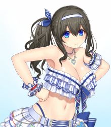 Rule 34 | 1girl, asamura hiori, bandeau, bare shoulders, black hair, blue eyes, blush, breasts, cleavage, closed mouth, costume, cross-laced clothes, cross-laced skirt, frilled bandeau, frilled skirt, frills, hair between eyes, hands on own hips, highleg, highleg panties, highres, idol, idolmaster, idolmaster cinderella girls, idolmaster cinderella girls starlight stage, jewelry, large breasts, long hair, looking at viewer, navel, necklace, panties, panty straps, sagisawa fumika, skirt, smile, solo, too many, too many frills, underwear, white skirt