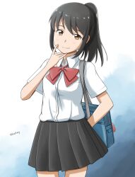 Rule 34 | 1girl, artist name, bag, bag charm, black hair, black skirt, blue bag, bow, bowtie, breasts, brown hair, charm (object), closed mouth, collared shirt, commentary request, cowboy shot, dress shirt, fairy.exe, highres, kimi no na wa., long hair, looking at viewer, miyamizu mitsuha, pleated skirt, ponytail, red bow, red bowtie, school bag, school uniform, shirt, short sleeves, shoulder bag, sidelocks, skirt, small breasts, solo, white shirt