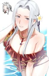 1girl absurdres border bracelet breasts cleavage dress edelgard_von_hresvelg fire_emblem fire_emblem:_three_houses flower food fruit hair_flower hair_ornament highres jewelry large_breasts long_hair looking_at_viewer multiple_views necklace nintendo ocean purple_eyes red_dress smile solo sou_mei watermelon watermelon_slice white_border white_hair