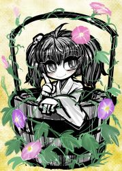 Rule 34 | 1girl, bucket, flower, hair bobbles, hair ornament, in bucket, in container, kisume, morning glory, plant, short hair, smile, solo, touhou, twintails, vines, yt (wai-tei)