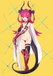 Rule 34 | 1girl, absurdres, arm warmers, armor, bikini, bikini armor, black thighhighs, blue eyes, boots, breasts, cape, choker, commentary request, earrings, elizabeth bathory (brave) (fate), elizabeth bathory (fate), fang, fate/grand order, fate (series), full body, hairband, highres, horns, jewelry, knee boots, long hair, lowleg, lowleg bikini, navel, open mouth, pauldrons, pointy ears, purple hair, red bikini, red footwear, red thighhighs, shoulder armor, simple background, small breasts, smile, solo, swimsuit, sword, tail, thighhighs, two side up, vambraces, weapon, white cape, yellow background, yomogi uehara