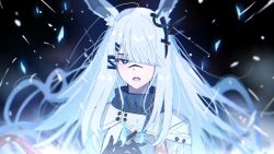 1girl animal_ears arknights black_gloves blue_eyes blurry cape commentary film_grain floating_hair frostnova_(arknights) gloves hair_ornament hair_over_one_eye hairclip highres light_particles long_hair looking_at_viewer one_eye_covered open_mouth own_hands_together rabbit_ears rabbit_girl scar scar_on_face scar_on_nose solo tedioioio turtleneck upper_body white_cape white_hair