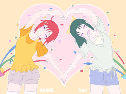 Rule 34 | 10s, 2girls, :d, ^ ^, blush, casual, character name, closed eyes, confetti, closed eyes, green hair, grin, hair ornament, holding hands, heart, highres, hino akane (smile precure!), interlocked fingers, midorikawa nao, multiple girls, open mouth, orange shirt, precure, red hair, shirt, short hair, shorts, skirt, smile, smile precure!, thighhighs, unpale, white legwear