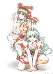 Rule 34 | 2girls, animal ears, ascot, bare legs, bow, buttons, closed mouth, commentary request, curly hair, detached sleeves, green eyes, green hair, green nails, hair bow, hair tubes, hakurei reimu, heart, highres, horns, komano aunn, long hair, looking at viewer, multiple girls, nail polish, ofuda, on one knee, red bow, red nails, red shirt, red skirt, ribbon-trimmed sleeves, ribbon trim, shiratama (irodoli), shirt, short sleeves, shorts, sidelocks, single horn, skirt, skirt set, smile, squatting, toenail polish, toenails, touhou, twitter username, very long hair, vest, white shorts