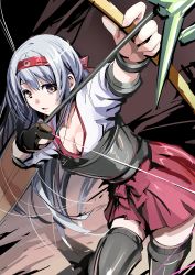 Rule 34 | 10s, 1girl, absurdres, akechi shizuku, arrow (projectile), bow (weapon), breasts, cleavage, drawing bow, gloves, highres, holding, holding bow (weapon), holding weapon, kantai collection, long hair, muneate, partially fingerless gloves, partly fingerless gloves, shoukaku (kancolle), silver hair, single glove, skirt, small breasts, solo, thighhighs, weapon, yellow eyes, yugake, zettai ryouiki