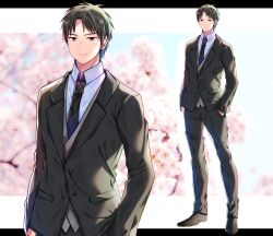 Rule 34 | 1boy, akirannu, black footwear, black hair, black necktie, black pants, black suit, blurry, blurry background, closed mouth, collared shirt, formal, hands in pockets, highres, letterboxed, long sleeves, looking at viewer, male focus, necktie, original, outside border, pants, parted bangs, shirt, shoes, short hair, solo, standing, suit, white shirt, zoom layer