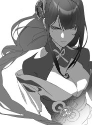 Rule 34 | 1girl, absurdres, breasts, cleavage, closed mouth, genshin impact, greyscale, hair between eyes, hair ornament, highres, japanese clothes, long hair, medium breasts, mitsudomoe (shape), mole, mole under eye, monochrome, raiden shogun, serpent (pepepp39), simple background, sketch, solo, tomoe (symbol), upper body, very long hair