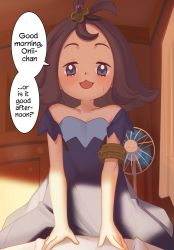 Rule 34 | 1boy, 1girl, :d, acerola (pokemon), armlet, blue dress, blush, collarbone, commentary request, creatures (company), dress, electric fan, english text, flipped hair, game freak, gazing eye, grey dress, grey eyes, hair ornament, hairclip, highres, indoors, medium hair, multicolored clothes, multicolored dress, nintendo, open mouth, pokemon, pokemon sm, purple hair, short sleeves, smile, speech bubble, stitches, sweat, tongue, topknot, torn clothes, torn dress