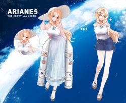 Rule 34 | 1girl, :d, ajisai-san (pokkusu), ariane 5, ariane 5 (project rocket girls), arianespace, arms behind back, austrian flag, belgian flag, blonde hair, breasts, brown eyes, cardigan, character name, cloud, danish flag, dress, dutch flag, english text, flag print, framed breasts, france, french flag, german flag, hand up, hat, head tilt, irish flag, italian flag, jewelry, large breasts, long legs, looking at viewer, multicolored clothes, multicolored dress, necklace, ocean, open cardigan, open clothes, open mouth, pendant, pink cardigan, platform footwear, print shirt, print shorts, project rocket girls, ringlets, rocket, sandals, see-through, shirt, shirt tucked in, short sleeves, shorts, sidelocks, smile, space, split mouth, star (sky), sun hat, swedish flag, swept bangs, swiss flag, t-shirt, tall female, v-neck, wavy hair