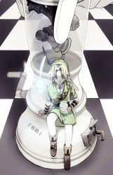 Rule 34 | 1boy, 1other, absurdres, belt, blonde hair, boots, brown footwear, brown hair, checkered floor, chess piece, collared shirt, cross-laced clothes, fairy, faucet, fingerless gloves, from above, gat (korean traditional hat), gloves, glowing, green headwear, green tunic, highres, holding, holding jar, jar, knee up, link, male focus, navi, nintendo, out of frame, pawn (chess), planstar, pointy ears, pointy hat, pov, pov hands, shirt, short sleeves, sitting, size difference, solo focus, the legend of zelda, white shirt