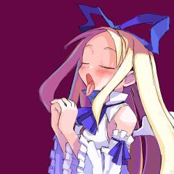 Rule 34 | 1girl, absurdres, blonde hair, blush, chiden, closed eyes, disgaea, flonne, highres, imminent bukkake, oral invitation, praying, ribbon, solo, tongue, tongue out, waiting for cum