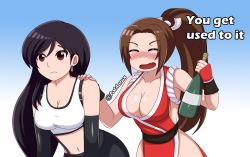 Rule 34 | 2girls, alcohol, annoyed, black hair, blush, bottle, breasts, brown hair, cleavage, closed mouth, comforting, crossover, drunk, earrings, english text, fatal fury, final fantasy, final fantasy vii, grin, hand on shoulder, high ponytail, highres, jewelry, long hair, multiple girls, ninja, nintendo, open mouth, patdarux, pencil skirt, ponytail, revealing clothes, rope, sad, shiranui mai, shirt, skirt, smash is for good boys and girls, smile, snk, square enix, super smash bros., suspender skirt, suspenders, tank top, taut clothes, taut shirt, the king of fighters, tifa lockhart, tomboy, upset, white tank top, wine bottle