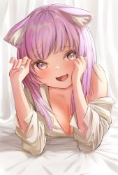 Rule 34 | 1girl, :3, animal ear fluff, animal ears, bare shoulders, bed, blush, breasts, cat ears, cat girl, cleavage, detached sleeves, downblouse, ear cleaning, fang, fangs, glint, hair between eyes, highres, hololive, looking at viewer, lying, mimikaki, nekomata okayu, on stomach, open mouth, partially unbuttoned, purple eyes, purple hair, short hair, skin fang, smile, solo, user essc4555, virtual youtuber