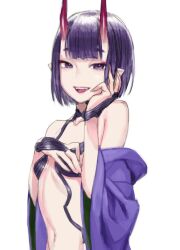 Rule 34 | 1girl, bare shoulders, breasts, fate/grand order, fate (series), horns, japanese clothes, kimono, looking at viewer, navel, oni, open clothes, open kimono, open mouth, pointy ears, purple eyes, purple hair, purple kimono, revealing clothes, short hair, shuten douji (fate), simple background, skin-covered horns, small breasts, smile, solo, takuan (takuanlunch), upper body, white background