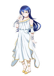 Rule 34 | 1girl, absurdres, arm garter, arm ribbon, artist name, artist request, bare legs, bare shoulders, barefoot, barefoot sandals (jewelry), blue hair, blue hairband, blue ribbon, blush, breasts, collarbone, dress, feet, female focus, frilled dress, frills, full body, gem, gladiator sandals, hair between eyes, hairband, highres, long dress, long hair, looking at viewer, love live!, love live! school idol festival, love live! school idol project, miniskirt, one eye closed, parted lips, pearl (gemstone), plaid, plaid dress, plaid skirt, pleated, pleated dress, pleated skirt, ribbon, sandals, skirt, sleeveless, sleeveless dress, smile, solo, sonoda umi, standing, star (symbol), white background, white dress, white skirt, wrist ribbon, yellow eyes, yellow footwear, yellow ribbon