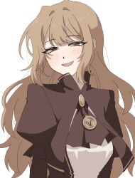 Rule 34 | 1girl, ascot, blush, brooch, brown ascot, brown dress, brown eyes, brown hair, brown jacket, catherine (project moon), cropped jacket, dress, half-closed eyes, highres, jacket, jewelry, kitaku (ienikaeru), laughing, limbus company, long hair, looking at viewer, necklace, project moon, sidelocks, simple background, solo, white background