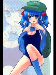 Rule 34 | 1girl, adaajt, backpack, bag, blue eyes, blue hair, breasts, clothes lift, dress, dress lift, female focus, hair bobbles, hair ornament, hat, kawashiro nitori, matching hair/eyes, nakano (pixiv), one-piece swimsuit, randoseru, short hair, solo, swimsuit, touhou, twintails, two side up