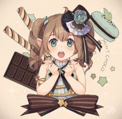 Rule 34 | 1girl, blush, bow, brown background, brown hair, chocolate, drill hair, final fantasy, final fantasy xiv, food, green eyes, hair bow, hat, highres, idol, lalafell, looking at viewer, macaron, mini hat, open mouth, peachy michi, pointy ears, sleeveless, solo, twin drills, upper body