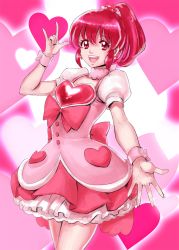 Rule 34 | 10s, 1girl, aino megumi, bad id, bad pixiv id, bow, cowboy shot, hair ornament, happinesscharge precure!, heart, heart background, heart hair ornament, kuppipi ramutarou, looking at viewer, outstretched hand, pink background, pink bow, pink skirt, pink theme, ponytail, precure, red eyes, red hair, short hair, skirt, smile, solo, wrist cuffs