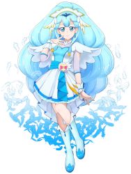 Rule 34 | absurdres, blue dress, blue eyes, blue footwear, blue hair, boots, breasts, cure ange, dress, earrings, eyelashes, feathers, frills, full body, hair between eyes, hair ornament, heart pouch, highres, hugtto! precure, jewelry, lips, long hair, long sleeves, looking at viewer, magical girl, nurse, precure, see-through, see-through sleeves, small breasts, tiara, torikoshi kurou, very long hair, white background, white dress, wrist cuffs, yakushiji saaya