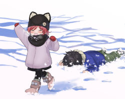Rule 34 | 1boy, 1girl, :d, aged down, animal ears, arm up, beanie, black hair, black pants, black scarf, blue jacket, boots, breath, brother and sister, chigusa asuha, chigusa kasumi, coat, closed eyes, fake animal ears, fur boots, fur collar, fur trim, green pants, grey coat, hand up, hat, jacket, long sleeves, lying, mittens, on stomach, open mouth, pants, qualidea code, red hair, scarf, sekiya asami, short hair, siblings, sidelocks, smile, snow, winter, winter clothes