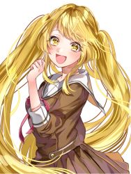 Rule 34 | + +, 1girl, :d, akaneya-ya, alternate hairstyle, arm behind back, bad id, bad twitter id, bang dream!, blonde hair, blunt bangs, blush, brown dress, commentary request, dress, hanasakigawa school uniform, hand up, long hair, long sleeves, looking at viewer, neck ribbon, open mouth, pleated dress, red ribbon, ribbon, sailor collar, sailor dress, school uniform, serafuku, sidelocks, simple background, smile, solo, standing, tsurumaki kokoro, twintails, upper body, very long hair, white background, white sailor collar, yellow eyes