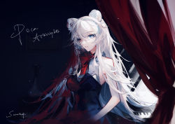 Rule 34 | 1girl, absurdres, arknights, bad id, bad pixiv id, bare arms, black dress, blood, blood in hair, blood on clothes, blue eyes, character name, commentary, copyright name, curtains, dress, english commentary, english text, hair between eyes, heterochromia, highres, indoors, instrument, light particles, long hair, looking at viewer, parted lips, piano, picture frame, red eyes, rosa (arknights), scarlett 0125, signature, sleeveless, sleeveless dress, solo, upper body, vase, white hair