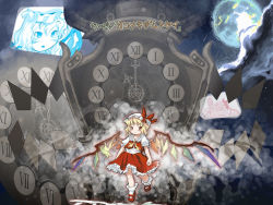Rule 34 | 1girl, ascot, blonde hair, clock, dress, female focus, flandre scarlet, frills, grey background, hat, mob cap, puffy short sleeves, puffy sleeves, red dress, red eyes, roman numeral, short hair, short sleeves, socks, solo, touhou, wings