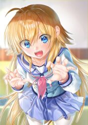 Rule 34 | 1girl, :d, ahoge, angel beats!, blonde hair, blue eyes, blurry, blurry background, blush, collarbone, commentary request, cowboy shot, eyelashes, eyes visible through hair, fangs, foreshortening, hair between eyes, highres, leaning forward, light particles, long hair, long sleeves, neckerchief, open hands, open mouth, pantyhose, paw pose, pink neckerchief, sekine shiori, shinda sekai sensen uniform, shirt, sidelighting, sidelocks, smile, solo, spiked hair, standing, teeth, v-shaped eyebrows, very long hair, white pantyhose, white shirt, wide-eyed, zuzuhashi