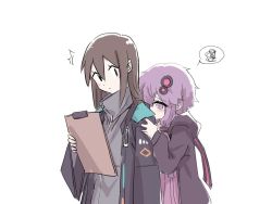 Rule 34 | 2girls, ^^^, arknights, black coat, blush, brown hair, clipboard, coat, commentary, doctor (arknights), female doctor (arknights), furrowed brow, grey shirt, hair ornament, hair tubes, hand on another&#039;s shoulder, holding, holding clipboard, jacket, long hair, master (vocaloid), multiple girls, nejikyuu, purple eyes, purple hair, purple jacket, scared, shirt, short hair with long locks, sidelocks, spoken squiggle, squiggle, standing, straight hair, turtleneck, upper body, vocaloid, voiceroid, white background, yuzuki yukari, zipper