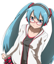 Rule 34 | 1girl, aqua eyes, aqua hair, bad id, bad pixiv id, bespectacled, breasts, collarbone, eyebrows, face, fingernails, frilled skirt, frills, glasses, hatsune miku, headphones, hinami (ryuusei potechi), kocchi muite baby (vocaloid), long hair, nail polish, pleated skirt, project diva (series), project diva 2nd, simple background, skirt, smile, solo, twintails, vocaloid, white background