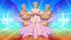 Rule 34 | 1girl, 2boys, absurdres, akiranime, ancient greek clothes, animated, aphrodite (shuumatsu no valkyrie), bare shoulders, blinking, blonde hair, blue eyes, breasts, breasts out, cleavage, clothed female nude male, collarbone, completely nude, crossed legs, dark-skinned male, dark skin, dress, feet, flower, flower on head, full body, glowing, gown, grabbing, grabbing another&#039;s breast, greco-roman clothes, greek mythology, hair flower, hair ornament, hands on another&#039;s shoulders, highres, huge areolae, huge breasts, huge nipples, interracial, lights, looking at viewer, multiple boys, muscular, muscular male, music, nude, puffy areolae, puffy nipples, see-through, shuumatsu no valkyrie, sitting, sound, thick thighs, thighs, toes, video, wavy hair