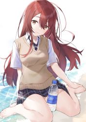 Rule 34 | 1girl, :3, arm behind back, arm support, bare legs, barefoot, blush, bottle, breasts, brown eyes, brown hair, collared shirt, commentary request, hair between eyes, hayashi kewi, highres, idolmaster, idolmaster shiny colors, long hair, looking at viewer, medium breasts, miniskirt, necktie, open mouth, osaki tenka, plaid, plaid skirt, pleated skirt, shirt, sitting, skirt, smile, soaking feet, solo, striped necktie, striped neckwear, sweater vest, wariza, water, water bottle, white background, white shirt, wing collar