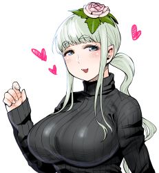 Rule 34 | 1girl, :3, alraune, bad id, bad tumblr id, blue eyes, breasts, character request, elf-san wa yaserarenai., flower, green hair, hair flower, hair ornament, heart, highres, huge breasts, kusahanada (elf-san wa yaserarenai.), long hair, looking at viewer, monster girl, plant girl, pointy ears, ribbed sweater, simple background, smile, solo, sweater, synecdoche, thick eyebrows, turtleneck, white background