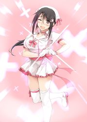 Rule 34 | 1girl, ;d, adapted costume, black hair, breasts, brown eyes, gloves, hair ornament, highres, kitano (zekkyon), large breasts, leg up, looking at viewer, magical girl, name tag, nurse, one eye closed, open mouth, original, pink footwear, ponytail, smile, solo, thighhighs, white gloves, white thighhighs, x hair ornament, zekkyon