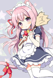 Rule 34 | 1girl, :o, alternate costume, animal ears, apron, azur lane, bell, black dress, blush, bow, cat ears, cat girl, cat tail, dress, duster, enmaided, frilled apron, frilled dress, frills, grey background, hair between eyes, hair ribbon, holding, jingle bell, kisaragi (azur lane), long hair, looking at viewer, maid, maid apron, maid headdress, mauve, one side up, parted lips, pink hair, puffy short sleeves, puffy sleeves, purple eyes, red bow, red ribbon, ribbon, short sleeves, solo, star (symbol), starry background, tail, tail bell, tail ornament, tail ribbon, thighhighs, very long hair, white apron, white thighhighs