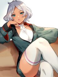 Rule 34 | 1girl, ahoge, aqua eyes, asticassia school uniform, commentary, couch, crossed legs, dark-skinned female, dark skin, elbow rest, fujisaki (hjsk), green jacket, green shorts, grey hair, gundam, gundam suisei no majo, head rest, highres, jacket, leotard, long sleeves, looking at viewer, on couch, open mouth, parted lips, school uniform, secelia dote, short hair, shorts, simple background, sitting, solo, thighhighs, white leotard, white thighhighs