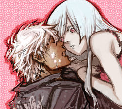 Rule 34 | 1boy, 1girl, bad id, bad pixiv id, couple, face-to-face, imminent kiss, jacket, k&#039; (kof), rejected kiss, kula diamond, leather, leather jacket, lowres, phosporus, skin contrast, snk, the king of fighters, white hair