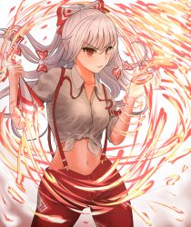 Rule 34 | &gt;:), 1girl, bad id, bad pixiv id, bow, breasts, collarbone, commentary request, cowboy shot, fire, fire, fujiwara no mokou, gradient background, grey background, hair between eyes, hair bow, hands up, highres, long hair, looking at viewer, medium breasts, midriff, navel, ofuda, pants, parted lips, partial commentary, puffy short sleeves, puffy sleeves, red eyes, red pants, shirt, short sleeves, silver hair, sleeves rolled up, smile, solo, standing, stomach, suspenders, tied shirt, touhou, turisasu, v-shaped eyebrows, white background, white bow