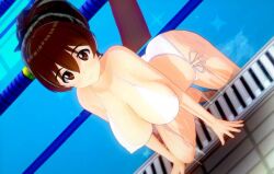 Rule 34 | 1girl, 3d, all fours, alternate costume, artist request, ass, bikini, breasts, breasts squeezed together, brown eyes, brown hair, curvy, girls und panzer, koyama yuzu, large breasts, official alternate costume, ponytail, shiny skin, side-tie bikini bottom, simple background, solo, swimsuit, water, wet, white bikini, wide hips