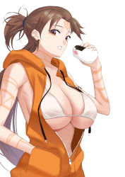 Rule 34 | 1girl, absurdres, bad id, bad pixiv id, bare shoulders, beads, bikini, bikini top only, breasts, brown eyes, brown hair, cleavage, collarbone, contemporary, drawstring, facial mark, fate/grand order, fate (series), food, food on face, forehead, forehead mark, heroic spirit tour outfit, highres, himiko (fate), himiko (tour outfit) (fate), hood, hooded vest, hoodie, large breasts, long hair, looking at viewer, n.e (sakura-233), onigiri, open mouth, orange vest, rice, rice on face, solo, swimsuit, topknot, twintails, vest, white bikini, zipper