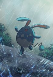 Rule 34 | :d, azumarill, commentary request, creatures (company), dancing, closed eyes, game freak, gen 2 pokemon, happy, highres, leg up, nintendo, no humans, open mouth, pokemon, pokemon (creature), rain, ripples, smile, solo, standing, standing on one leg, tongue, watanuki (561yashi), water