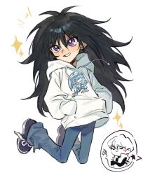 Rule 34 | 2boys, alternate costume, black footwear, black hair, blue-eyes white dragon, blue pants, blush stickers, bright pupils, chibi, chibi inset, child, closed eyes, commentary request, crossed arms, denim, full body, grin, hands in pockets, happy, hood, hoodie, jeans, kaiba mokuba, kaiba seto, light blush, light smile, long hair, looking to the side, male focus, multiple boys, pants, partially colored, purple eyes, rock 2532, shoes, short hair, simple background, smile, sneakers, solo focus, sparkle, star (symbol), translation request, white background, white hoodie, yu-gi-oh!, yu-gi-oh! duel monsters