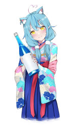 Rule 34 | 1girl, absurdres, ahoge, bad id, bad pixiv id, blue hair, blush, bottle, bow, elf, hair behind ear, head tilt, heart, heart ahoge, heart hair, highres, hitsujisnow, holding, holding bottle, hololive, japanese clothes, kemonomimi mode, kimono, looking at viewer, official alternate costume, pointy ears, red bow, sake bottle, smile, solo, twintails, virtual youtuber, yellow eyes, yukihana lamy, yukihana lamy (new year)