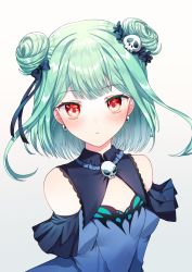 Rule 34 | 1girl, :&lt;, bare shoulders, blue bow, blue dress, blue flower, blue sleeves, blush, bow, closed mouth, commentary request, detached sleeves, double bun, dress, earrings, flower, gradient background, green hair, grey background, hair bow, hair bun, hair flower, hair ornament, highres, hololive, jewelry, juliet sleeves, long hair, long sleeves, looking at viewer, paraffin, puffy sleeves, skull earrings, skull hair ornament, sleeveless, sleeveless dress, solo, upper body, uruha rushia, uruha rushia (1st costume), virtual youtuber